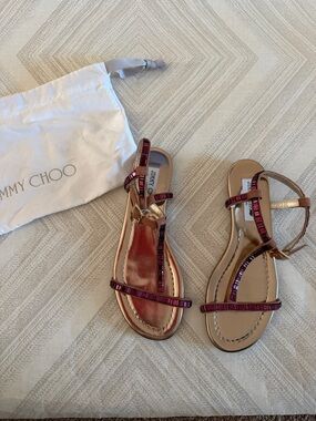 Jimmy Choo Embellished T-Strap Sandals – Size 37.5